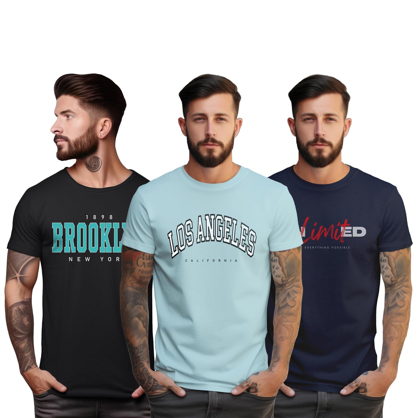 Peppyzone S to 5XL Stylish Printed Cotton Round Neck Tshirt for Men - 100% Cotton, Half Sleeve, Combo Pack of 3 T Shirts for Men