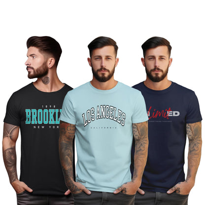 Peppyzone S to 5XL Stylish Printed Cotton Round Neck Tshirt for Men - 100% Cotton, Half Sleeve, Combo Pack of 3 T Shirts for Men