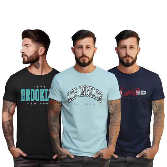 Peppyzone S to 5XL Stylish Printed Cotton Round Neck Tshirt for Men - 100% Cotton, Half Sleeve, Combo Pack of 3 T Shirts for Men