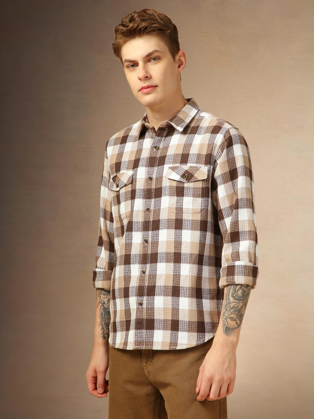 Dennis Lingo Men Relaxed Fit Cotton Full Sleeves Checks Casual Shirts Brown