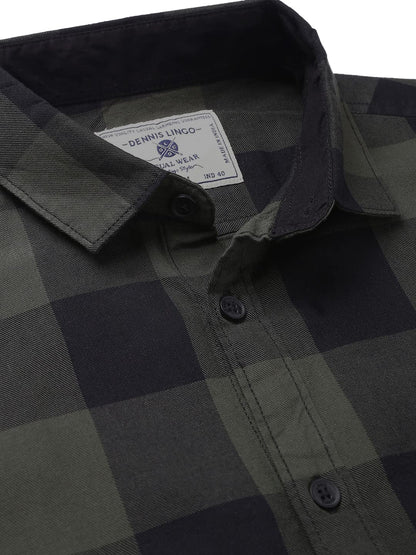 Dennis Lingo Men s Cotton Buffalo Check Slim Fit Casual Shirt with Pocket, Full Sleeve Shirt for Formal & Casual Wear (C442_OLIV