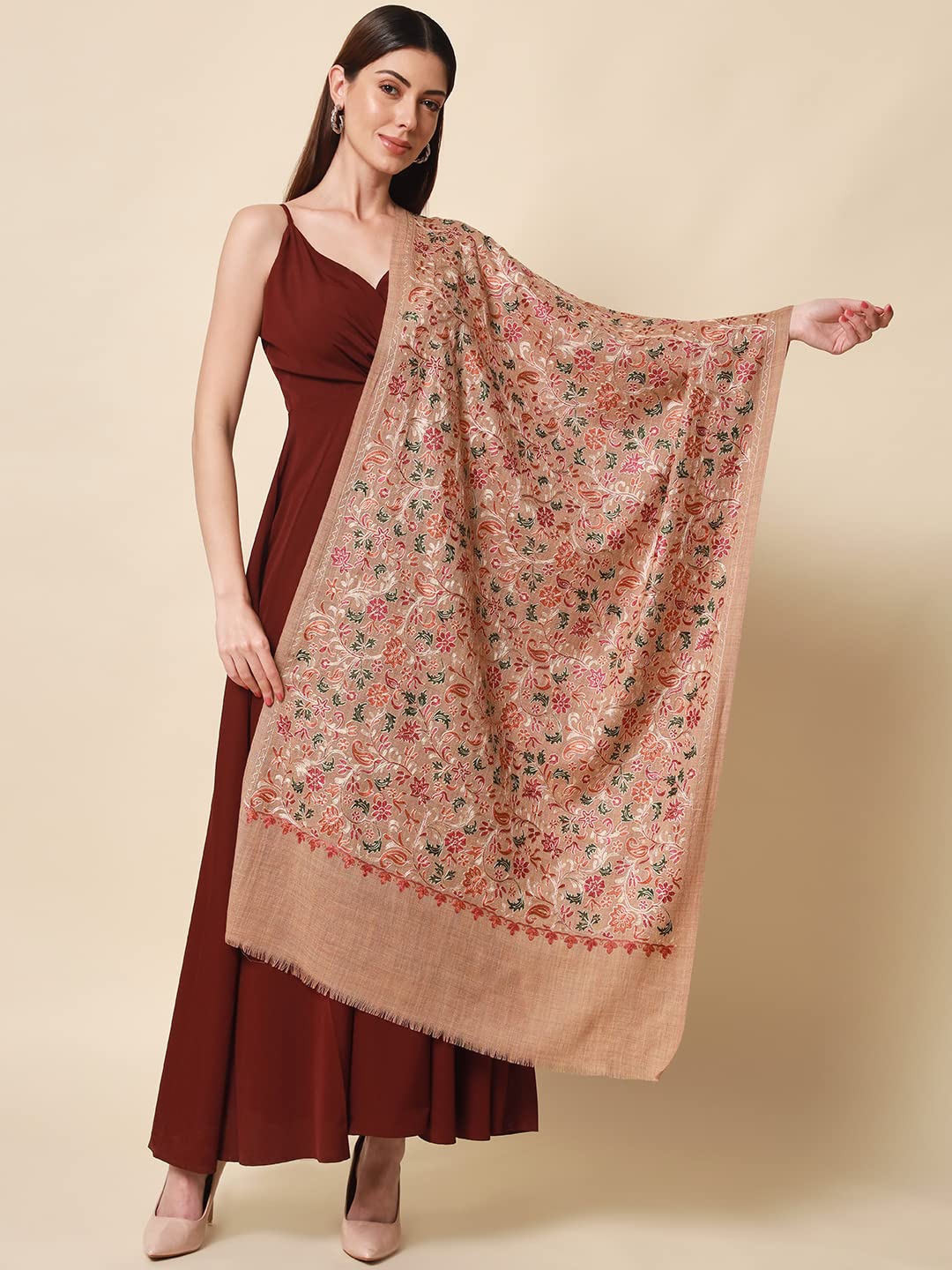 Pashmoda Womens 100% Pure Wool Nalki Embroidered Stole, Shawl and Wrap, Woolmark Certified, Sustainable and Natural Fabric (Size