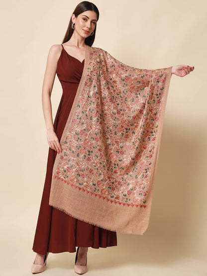Pashmoda Womens 100% Pure Wool Nalki Embroidered Stole, Shawl and Wrap, Woolmark Certified, Sustainable and Natural Fabric (Size