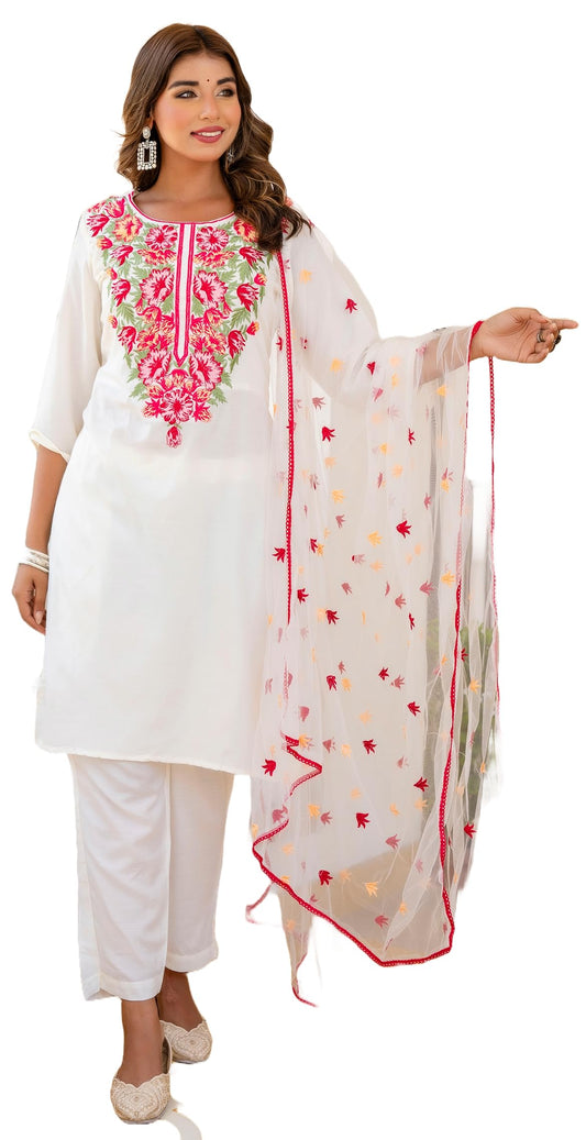Yashika Women's Cotton Blend Embroidered Set: This Elegant Ensemble For Special & Casual Wear, Includes A Straight Kurta Pant With Dupatta Set