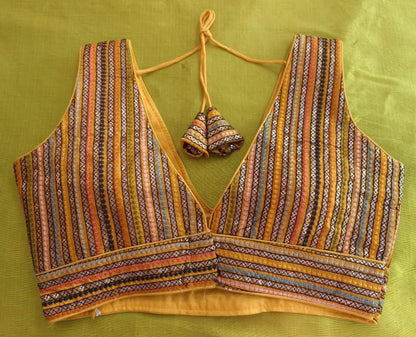 Vihu Fashion Womens Sleeveless Readymade sabyasachi Pattern V Neck Blouse Embroidery Work with Sequence Blouse Indian Ethnic we