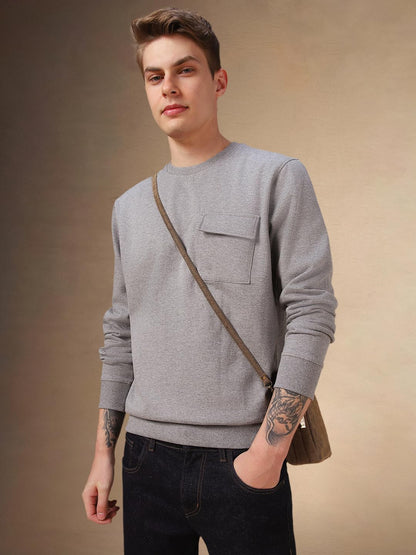 Dennis Lingo Men Grey Solid Cotton Slim Fit Full Sleeve Sweatshirt