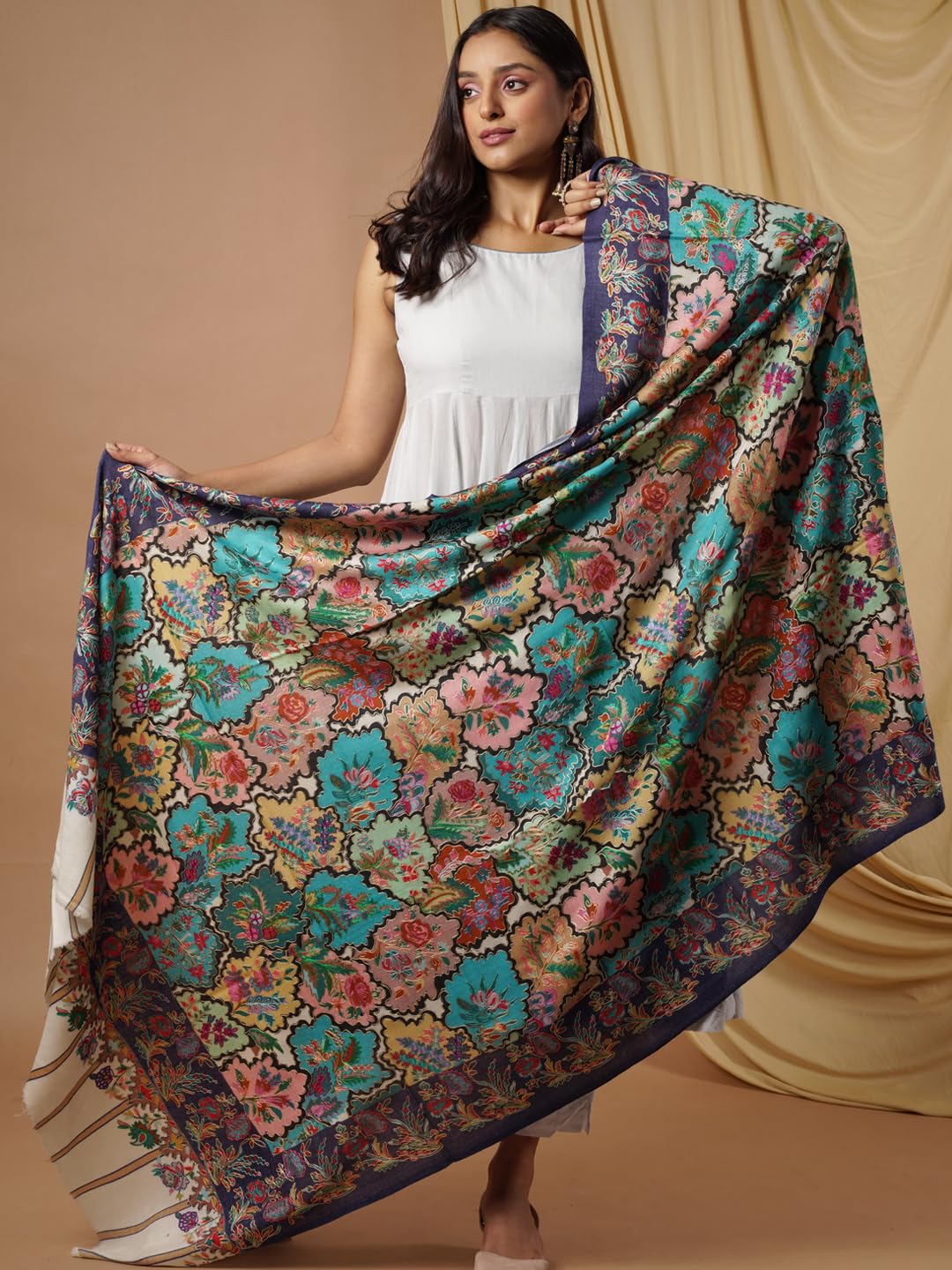 Pashmoda Women Noor Pure Wool Kalamkari Hand Embroidered Shawl (Size: 101 X 203 Cms)
