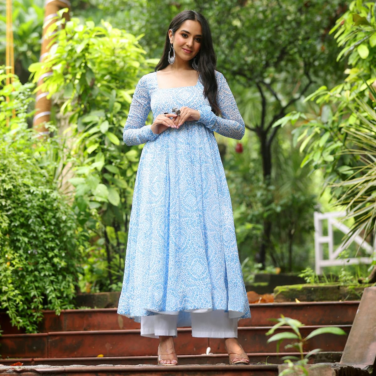 Toochki Gown For Women Wedding | One Piece Dress For Womens Long | Maxi Dresses | Ethnic Sky Blue Gowns | Anarakali Suit | Print