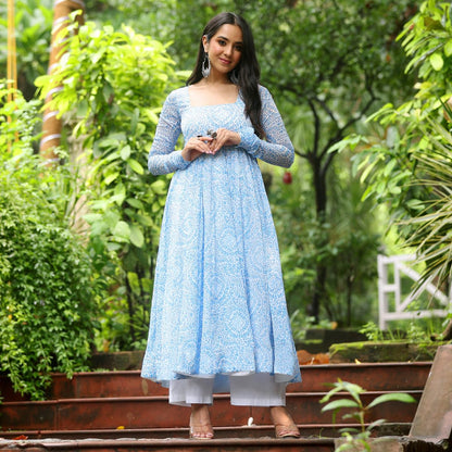 Toochki Gown For Women Wedding | One Piece Dress For Womens Long | Maxi Dresses | Ethnic Sky Blue Gowns | Anarakali Suit | Print
