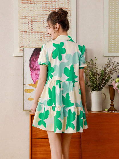 Shasmi WomenS Green Flower Print Short Sleeve Button Front All-Over Printed Dresses, Ruffle Hem Smock Dress For Woman (161 Dres