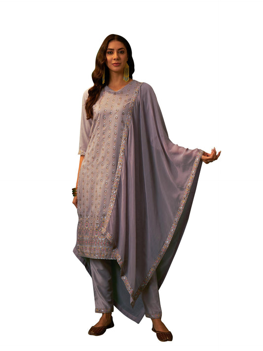 ZIYAA Women Light Grey Chinon Straight Kurta With Pant And Dupatta Set