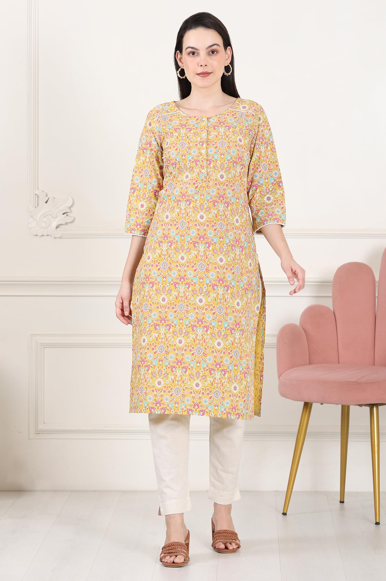 W for Woman Yellow Floral Printed Pure Cotton Straight Kurta