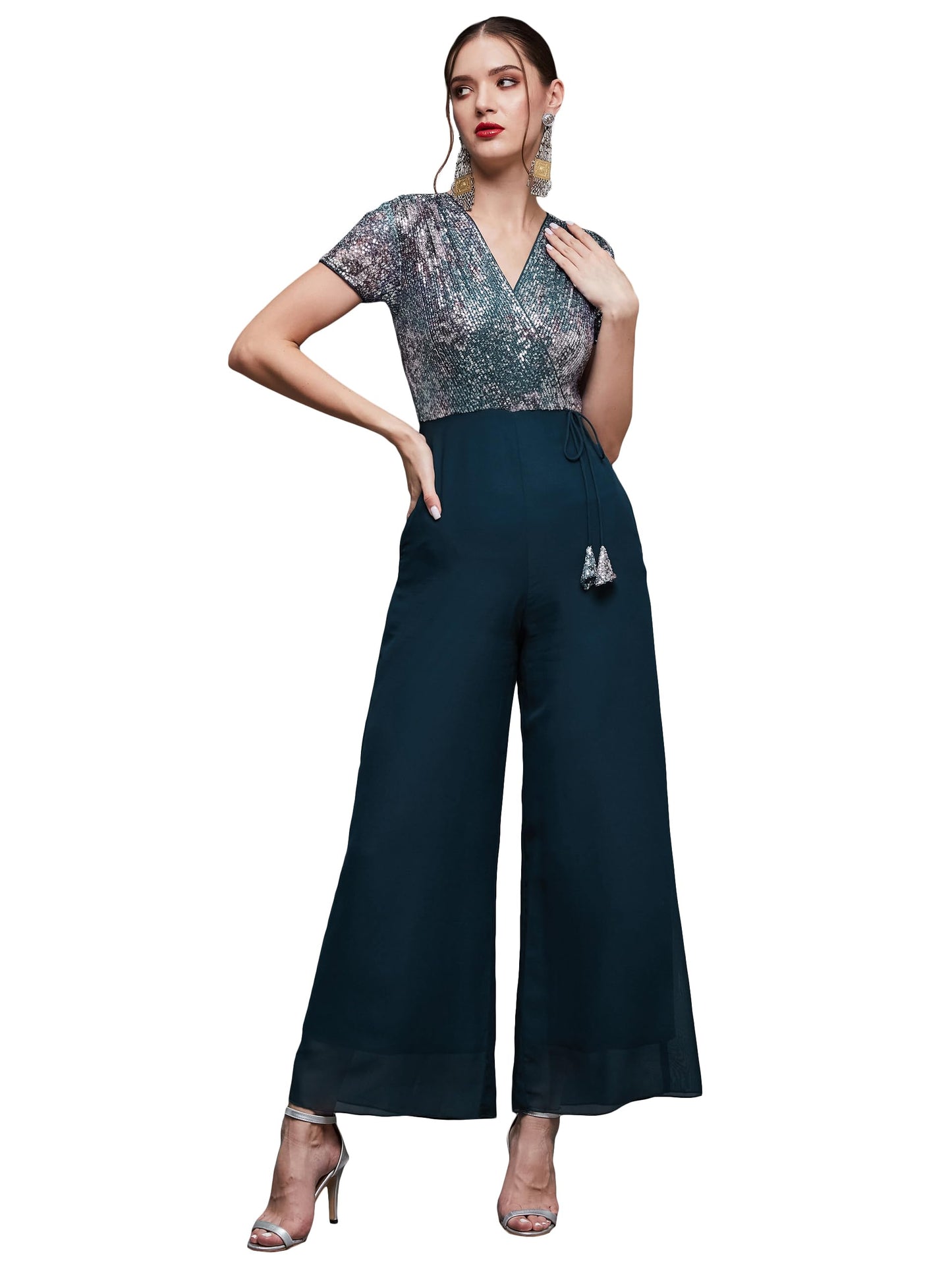 Miss Chase WomenS V-Neck Short-Sleeve Embellished Wrap-Styled Regular-Length Georgette Jumpsuit (Mcss24D19-27-306-06, Multicolo