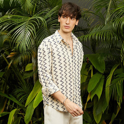 Campus Sutra Mens Cream White Zig-Zag Knit Shirt | Casual Wear | Spread Collar | Long Sleeve | Button Closure | Shirt Crafted w