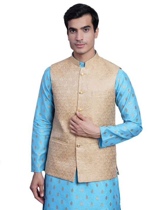 Wintage Men'S Banarsi Rayon Cotton Bandhgala Festive Nehru Modi Jacket Waistcoat : Beige2, Small