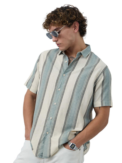The Souled Store Stripes Shirt: Jade Haze Men and Boys Short Sleeves Collared Neck Cotton Linen Blend Regular Fit Casual Cotton