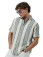 The Souled Store Stripes Shirt: Jade Haze Men and Boys Short Sleeves Collared Neck Cotton Linen Blend Regular Fit Casual Cotton