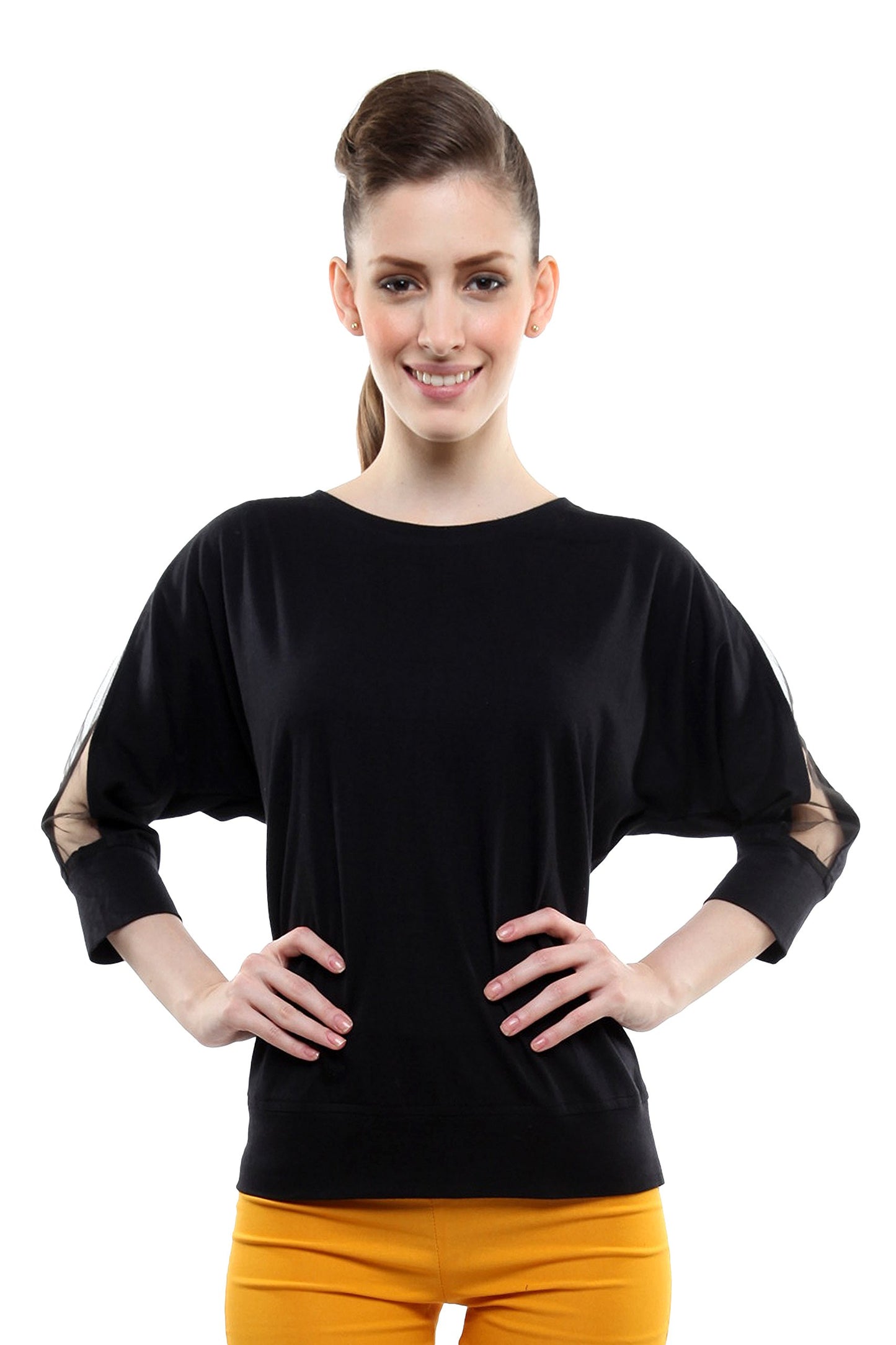 Miss Chase WomenS Black Round Neck 3/4 Sleeves Solid Sheer Top (Mcaw14Tp01-85-62-03-Black-S)