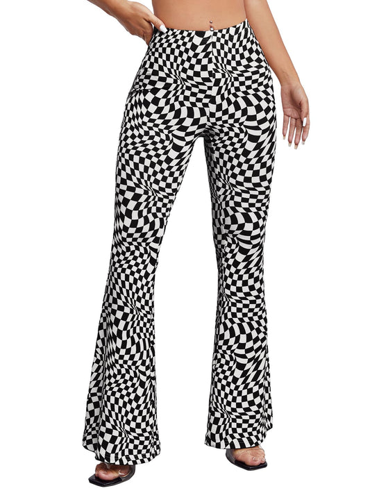 AVANOVA Womens & Girls Black Checkered Print Dress Pants Stretchy Work Slacks Business Casual Office Bell-Bottom/Boot-Cut Elast