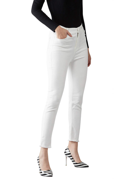 Dolce Crudo Womens White Skinny Fit High Rise Clean Look Cropped Bleached Raw Edge Detailing Stretchable Denim Jeans(DOSS19DEN0