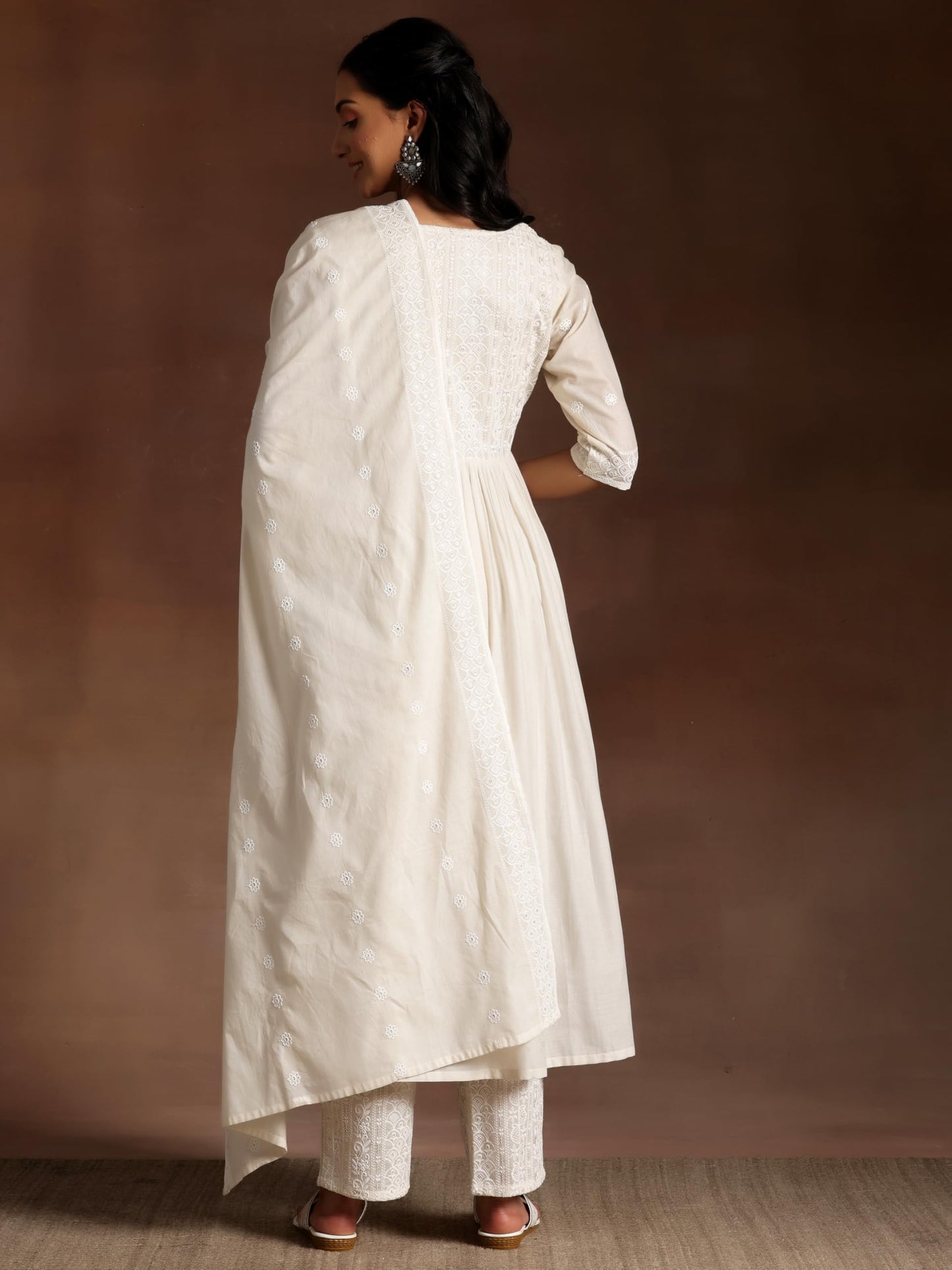 Libas Womens Embroidered Cotton A-Line Kurta With Palazzos And Dupatta