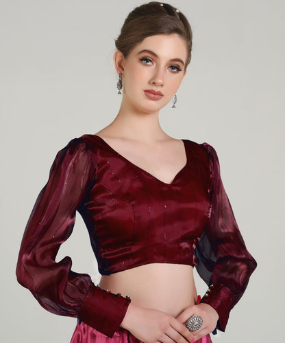 Pujia Mills Woman Wine Designer Zimi Chu Slub Shining Material With Sequnace Work Blouse