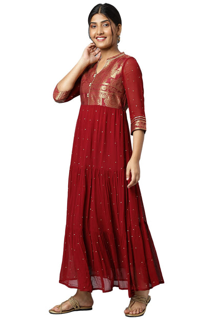 Aurelia Maroon Ethnic Motif Tiered Dress