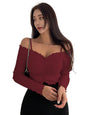 Sugathari Womens Maroon Solid Colour Open Cold Off Shoulder Long Sleeve Lettuce Hem Casual Autumn Trim Tight- Slim Fitting Ruch
