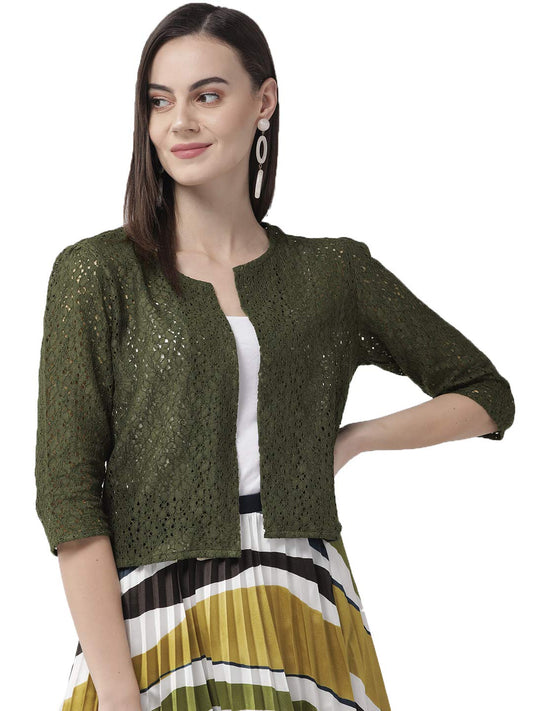 Style Quotient Women Olive Self Design Floral lace Regular Open Front Shrug