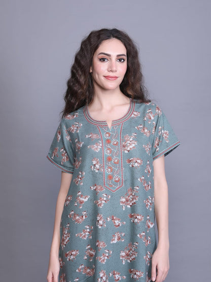 Evolove Alpine Fabric Nighty Maxi For Women With Side Pocket And Neckline Embroidery | Printed Short Sleeves Full Length Night W