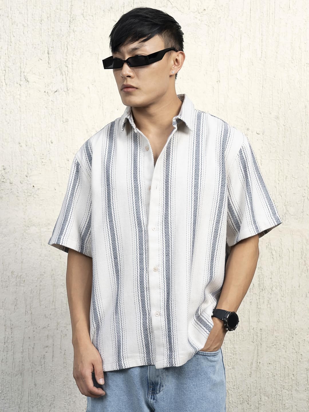 Hubberholme Men Cotton Short Sleeves Oversized Striped Shirt 10 Beige