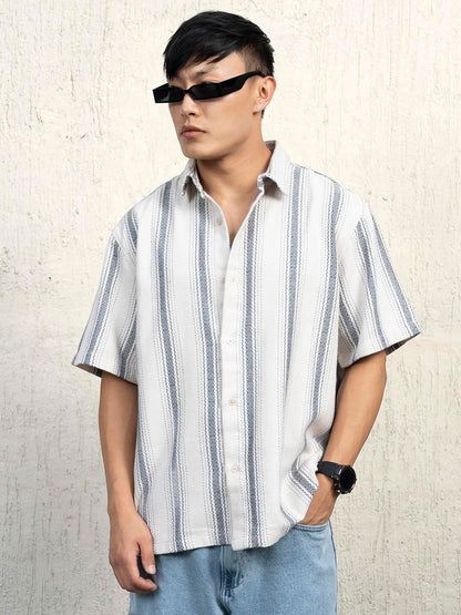 Hubberholme Men Cotton Short Sleeves Oversized Striped Shirt 10 Beige