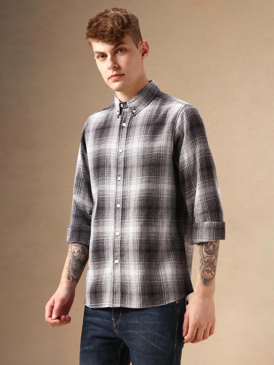 Dennis Lingo Men Black 100% Cotton Full Sleeve Button Down Collar Checks Shirts
