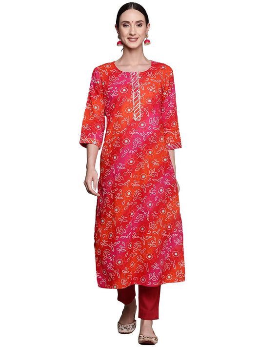 ishin Women's Cotton Blend Multicolor Bandhani Printed A-Line Kurta