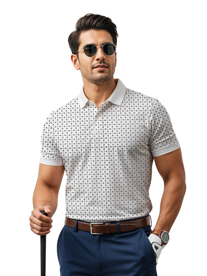 Mens Cotton Printed Polo Tshirt | 220 GSM Interlock Fabric | Slim Fit | Skin-Friendly Ink | White Golf-Inspired Pattern T Shirt
