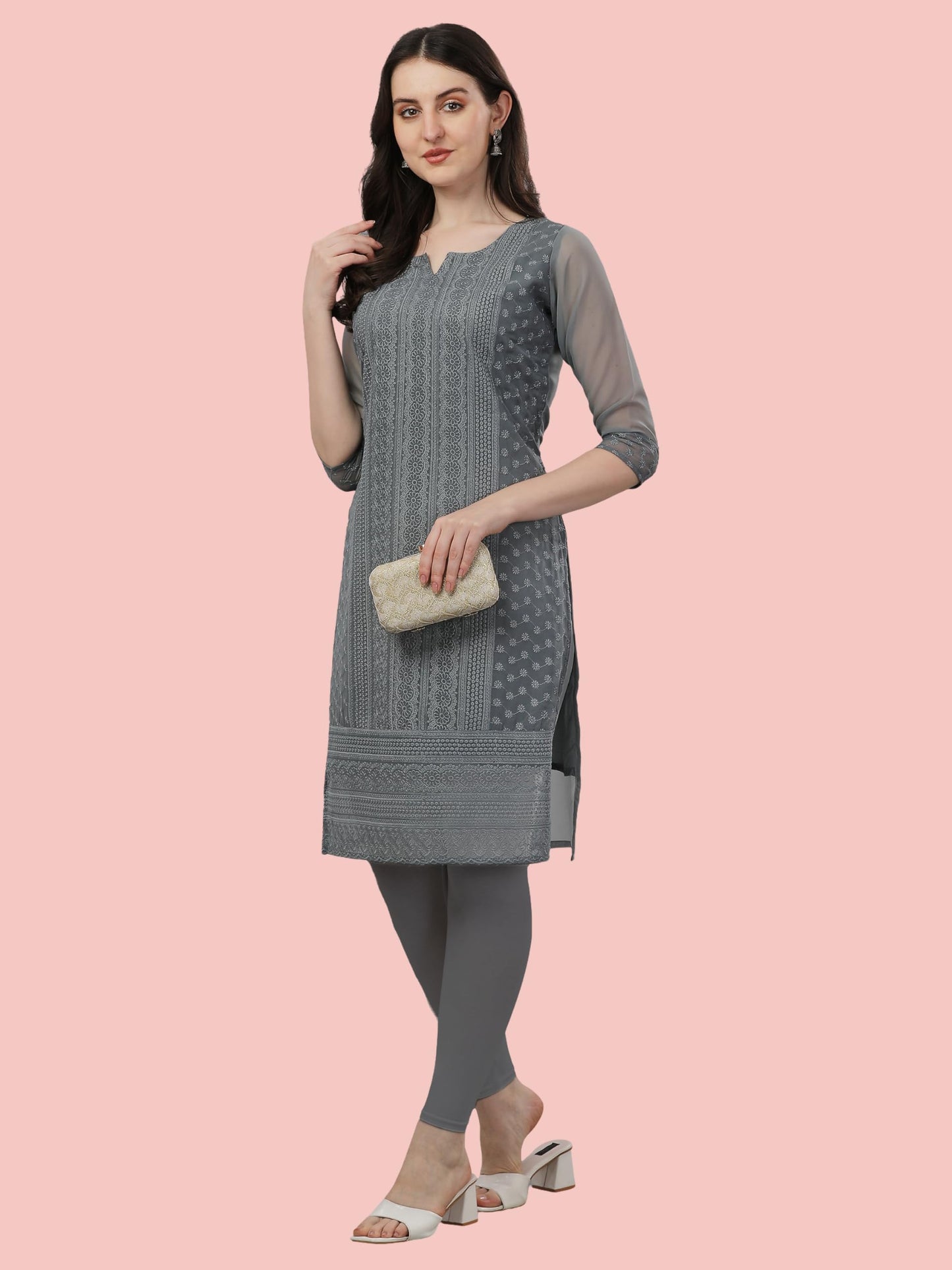 TRILLMIXA Womens Georgette Chikankari Embroidery Knee-Length Kurti for Girls Grey