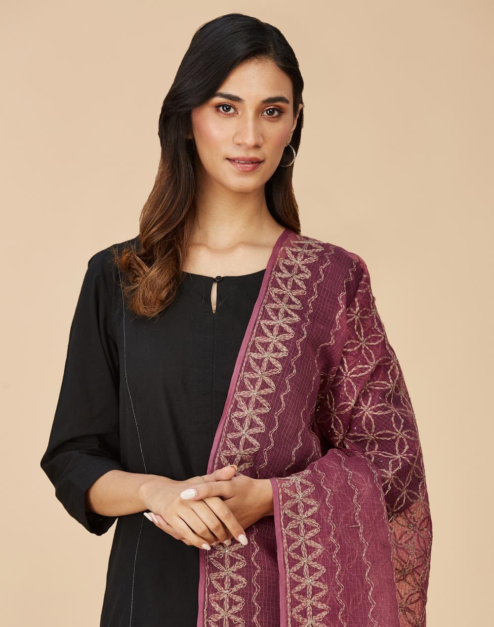 Fabindia Maroon Cotton Silk Embroidered Dupatta | Free Size | Celebration | 1 Dupatta - 2111877MAROON