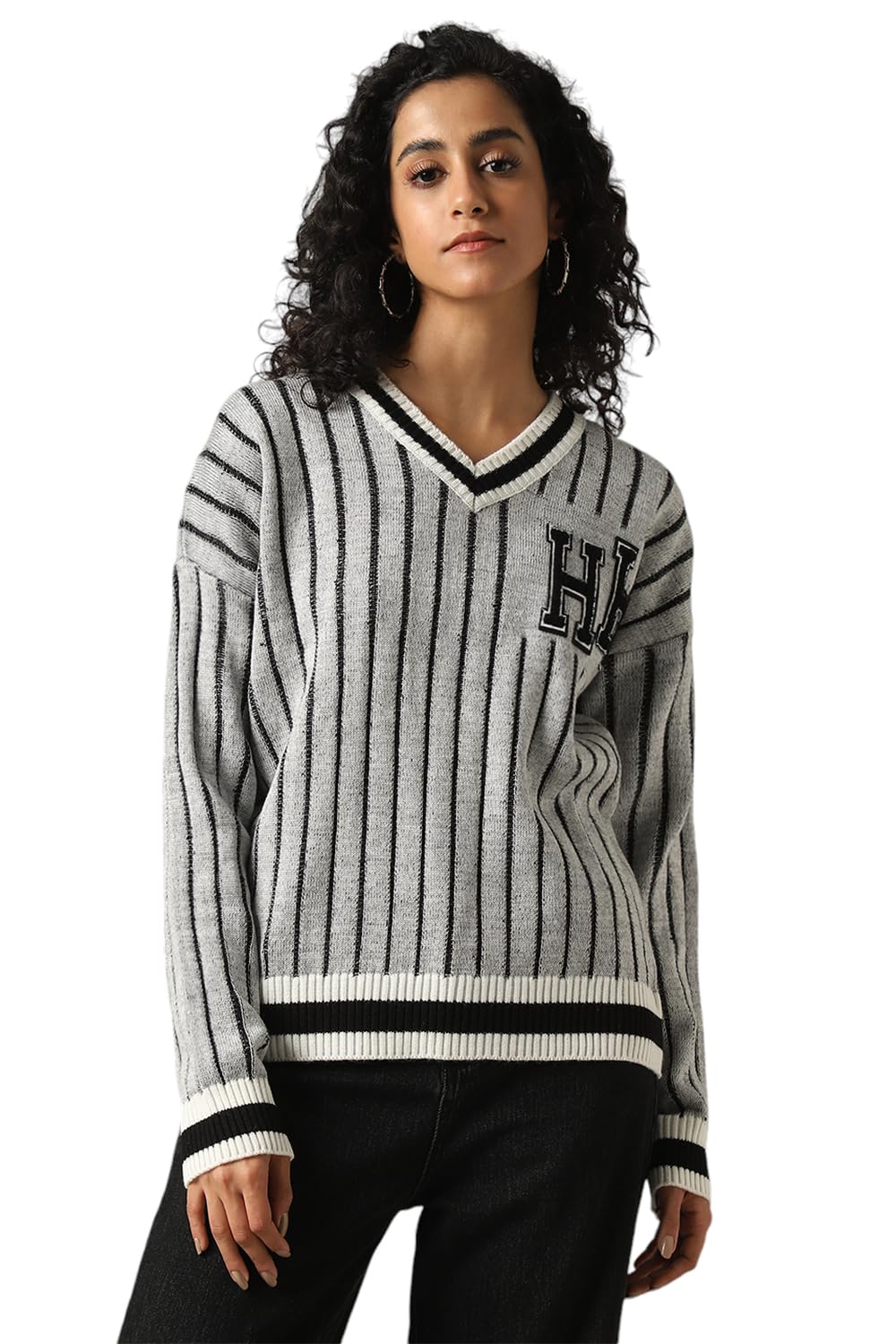 Hubberholme Women Acrylic Knitted Oversized Fit V Neck Full Sleeves Sweaters 24 Black