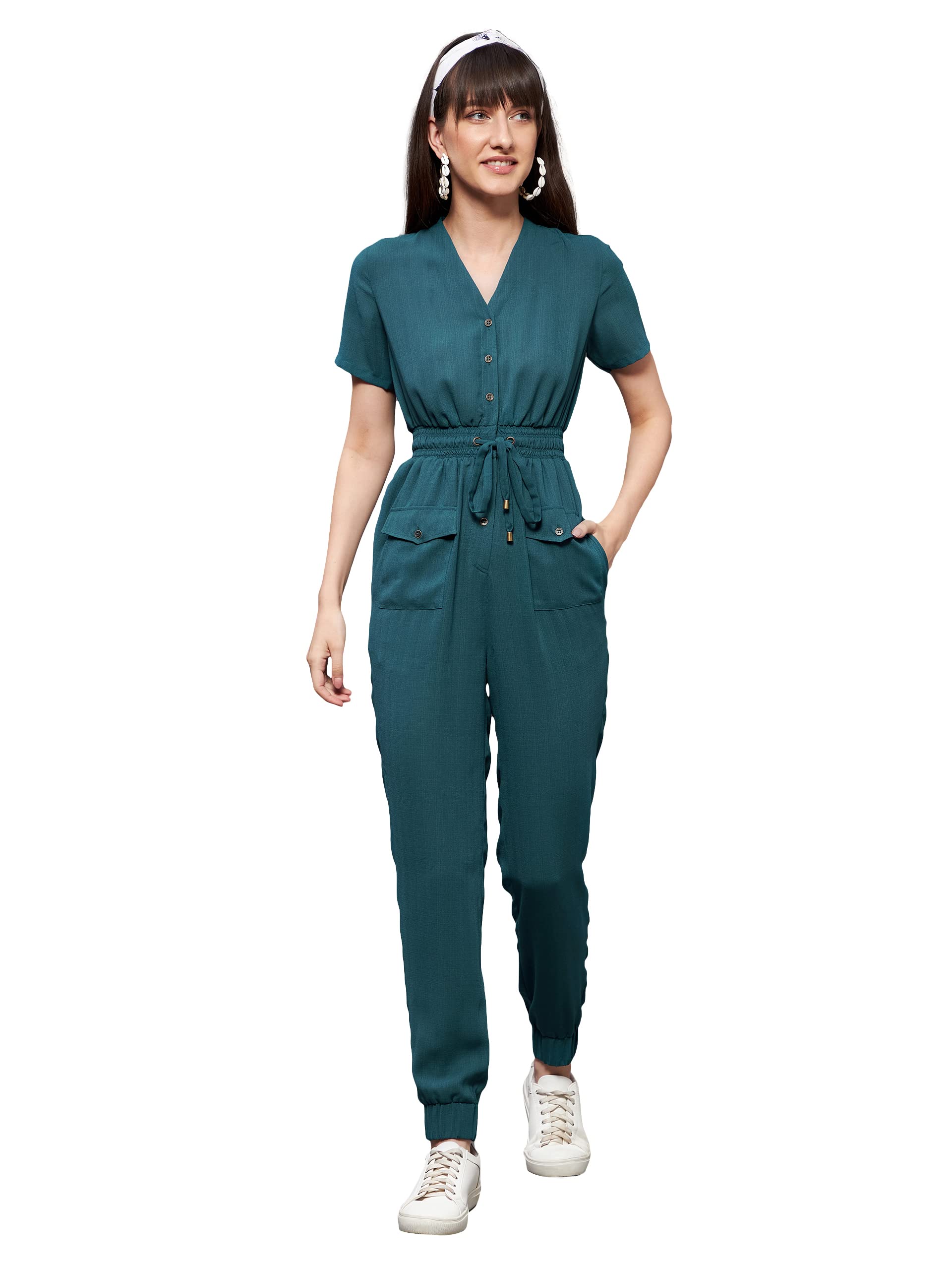 Miss Chase WomenS Dusty Turquoise V-Neck Short Sleeve Solid Straight Leg Polyester Regular Jumpsuit (Mcss22D15-49-282-06, Turqu