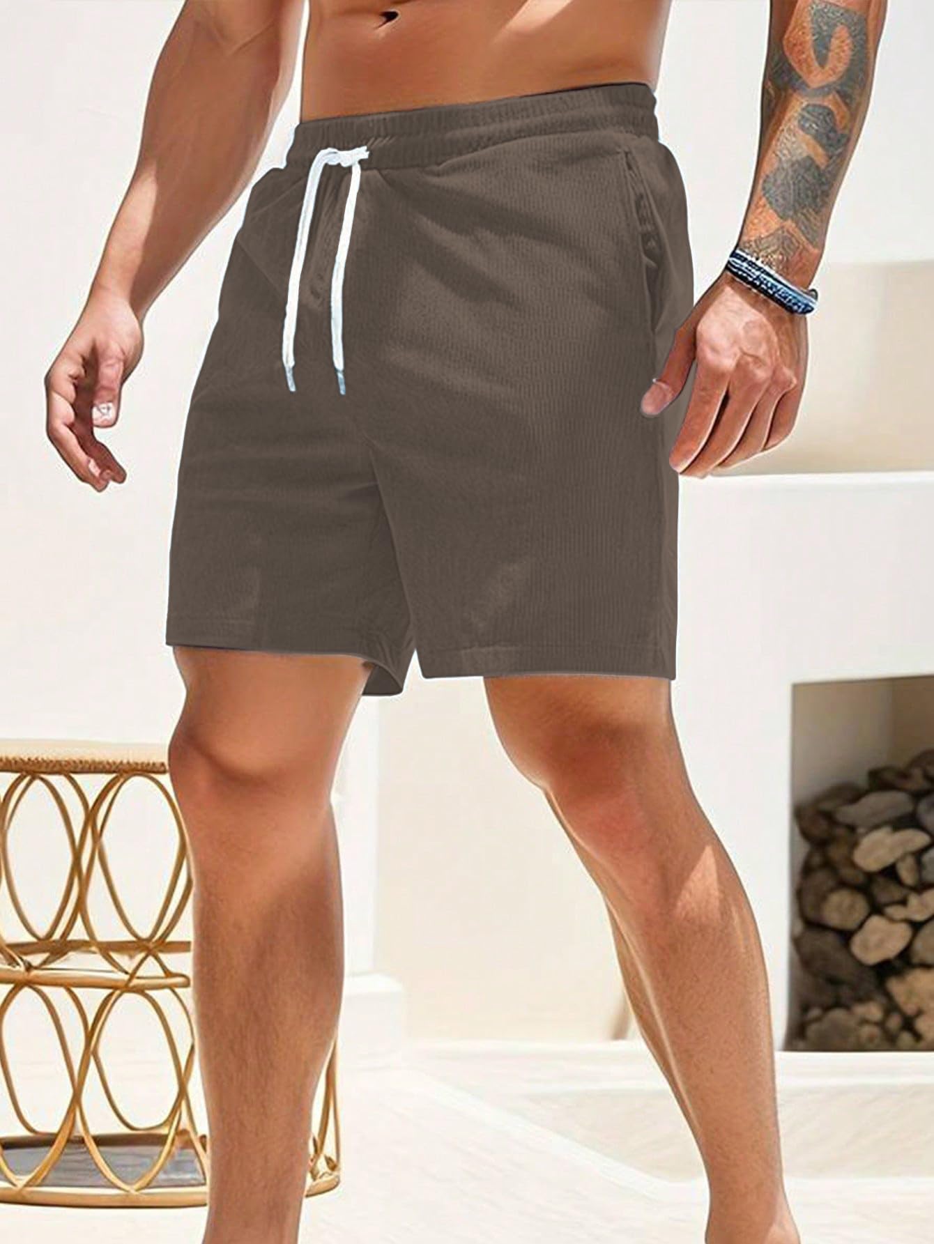 AVANOVA Mens Brown Solid Color Loose Fit Drawstring Short with Pockets, Casual Patch Pocket Waist Letter Print Shorts (Shotrs 1