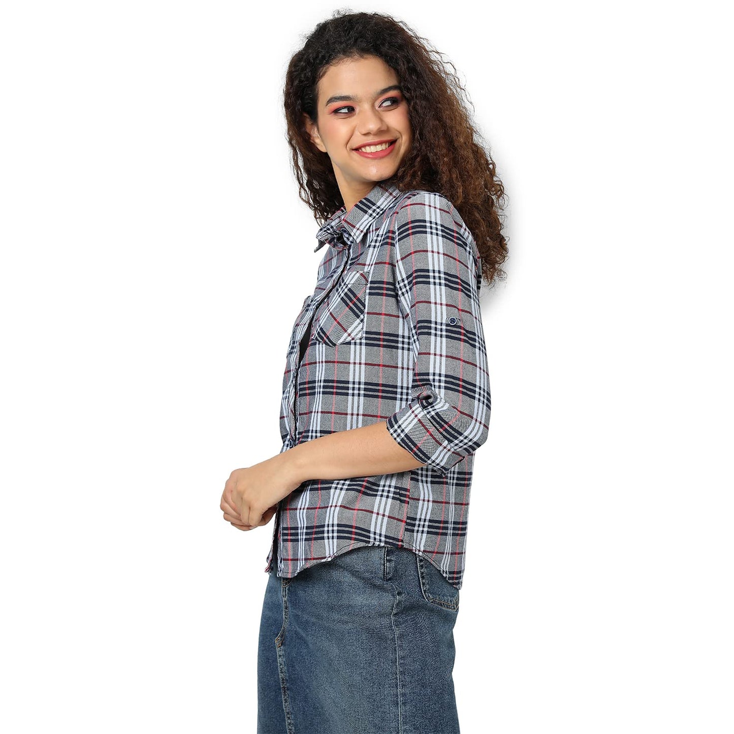 Campus Sutra Womens Grey Tartan Plaid Button Up Regular Fit Shirt for Casual Wear | Spread Collar | Long Sleeves | Cotton Shirt