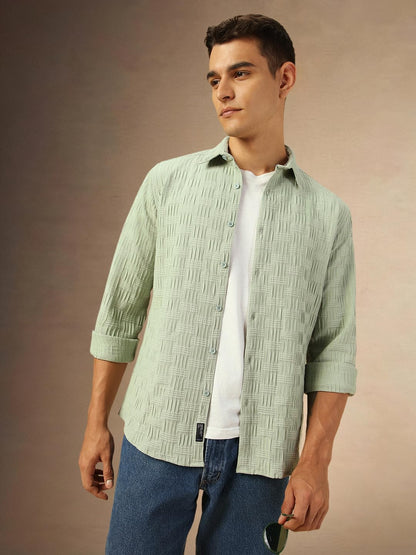 Dennis Lingo Men Regular Fit Cotton Solid Full Sleeves Spread Collar Shirt Green