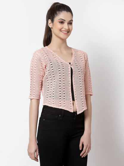 Style Quotient Women Self Design Nude Cotton lace Regular Smart Casual Shrug