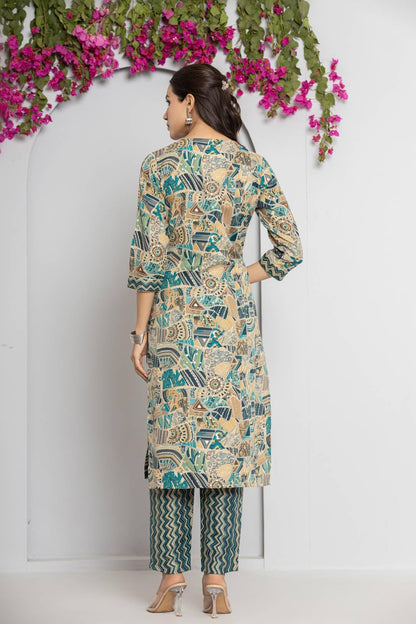 Varanga Women Blue V Neck Abstract Printed Kurta Paired With Bottom And Dupatta