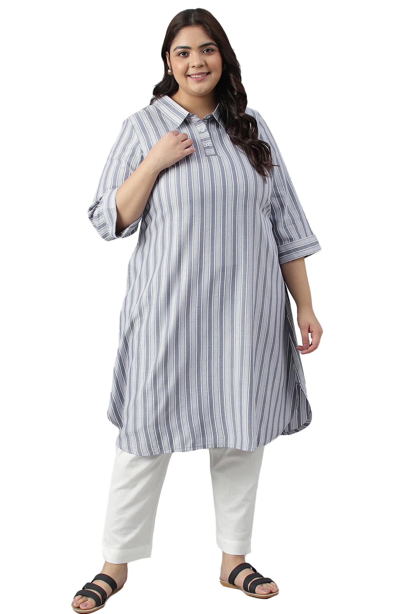 Blue Stripe Print Shirt Collar Plus Size Kurta