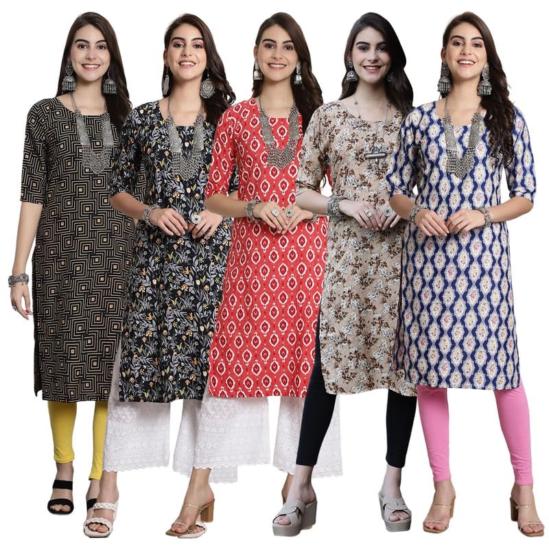 Pinkmint Crepe Printed Kurti For Womens College Wear Kurti Festival Wear Kurti For Women (Pack Of 5)