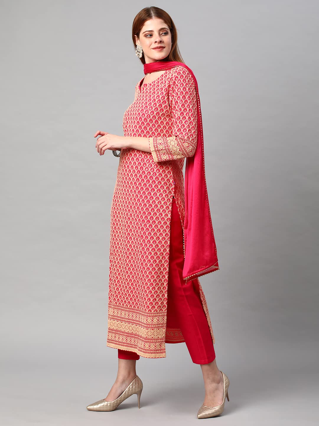 ANNI DESIGNER Women's Cotton Blend Embroidered Straight Kurta with Pants & Dupatta (Dumas-Green-Nw)