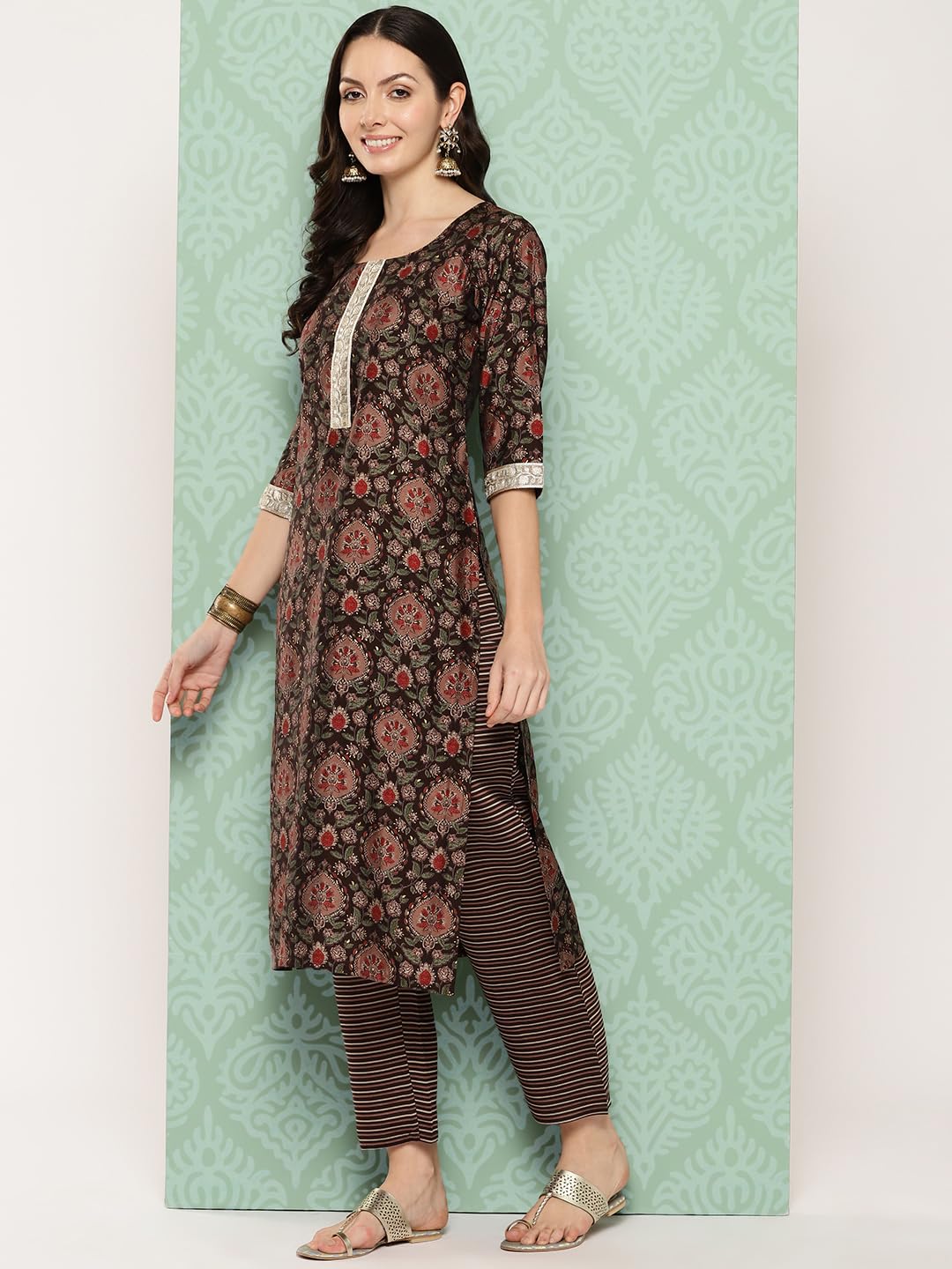 Libas WomenS Silk Blend Kurta Sets (34619_Brown