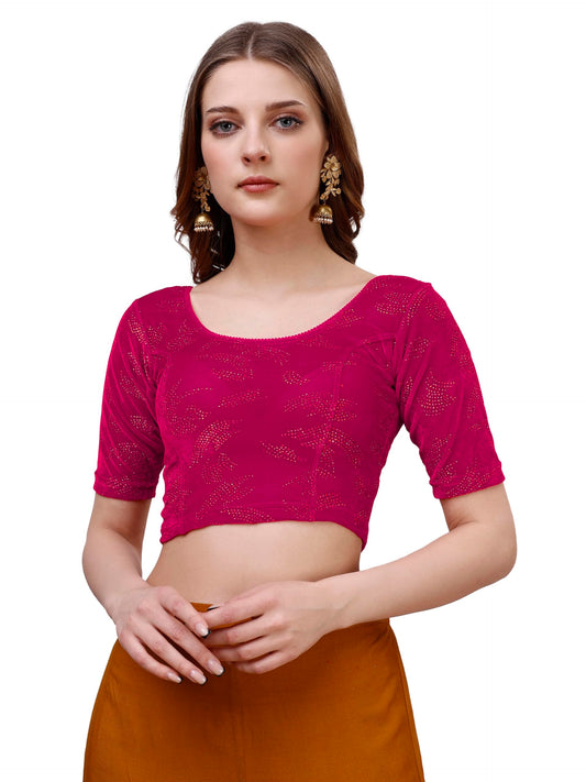 Vihu Fashion WomenS Readymade Hosiery Velvet Lycra Stretchable Round Neck Half Sleeve Blouse Fancy Pink Color Lycra Stretchable
