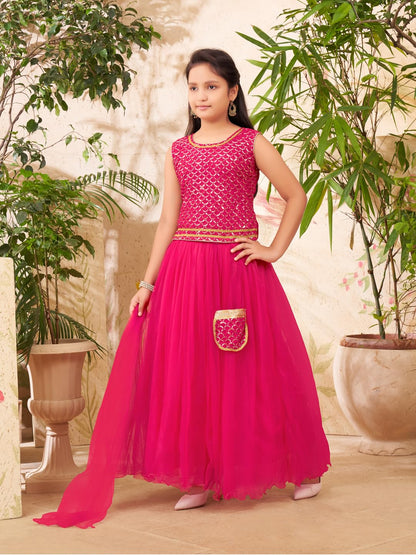 Aarika Girls Ethnic Wear Rani Colour Sequin Embroidery Georgette Lehenga Choli Set Attached Bag (4-15 Years)